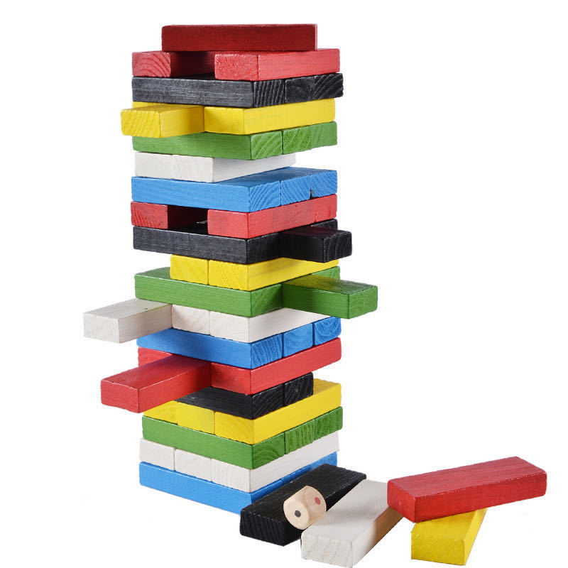 Board Game Ludo - เกมต่อบล็อกไม้ เกมกระดานแบบอินเทอร์แอคทีฟ 48 ชิ้น บล็อกสีสันสดใสขนาดเล็ก บล็อกทรงตัวสำหรับเล่นเกมครอบครัว