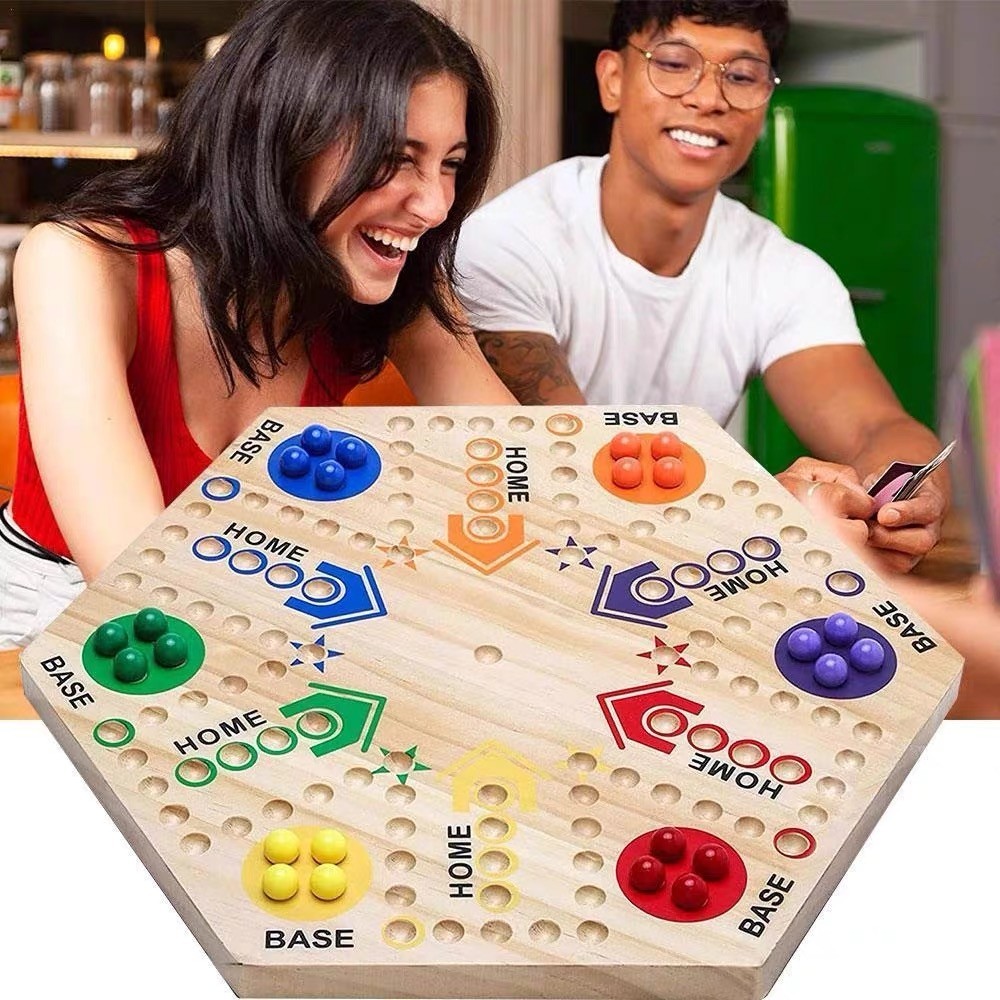 Board Game Ludo - เกมกระดานหินอ่อน เกมกระดานไม้ทาสีสองด้าน เกมกระดาน Fast Track สำหรับผู้เล่น