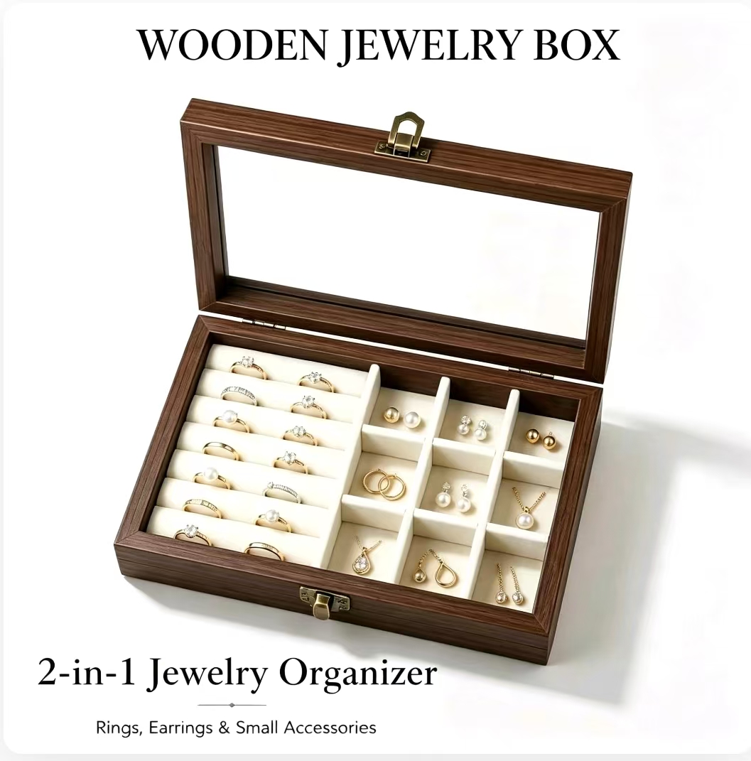 Token Tray Organizer - กล่องเก็บเครื่องประดับกำมะหยี่ลายไม้วอลนัทสำหรับวางบนโต๊ะในห้องนอน, กล่องเก็บเครื่องประดับแข็งสไตล์เกาหลีสำหรับเก็บสร้อยคอ ต่างหู และแหวน